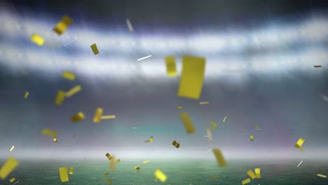 Animation-of-gold-confetti-falling-over-out-of-focus-sports-stadium