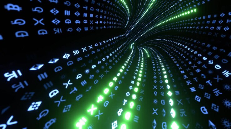 Seamless graphic animation in loop, concept of digital age, encrypted data, cashless wire transfer in light speed, bitcoins, e-wallet, algorithm binary, hud interface, data code, decryption