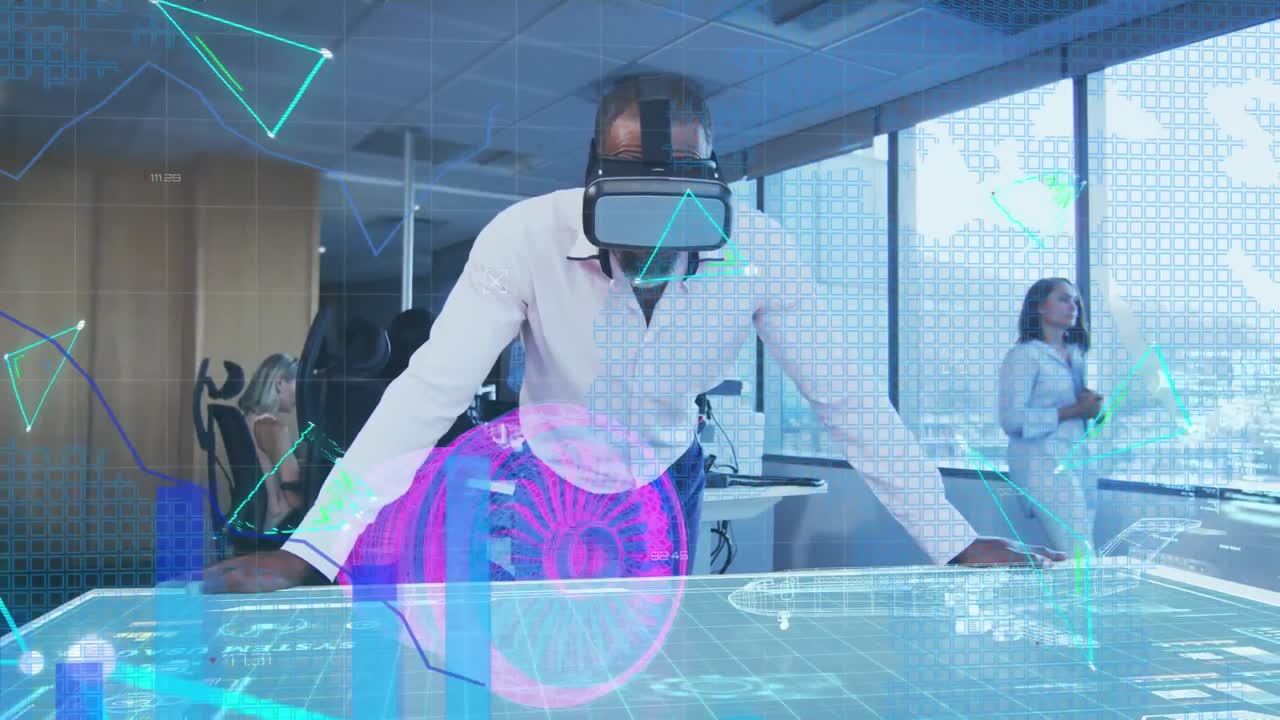 Digital composite video of data processing, statistics recording and 3d engine against vr headset ma