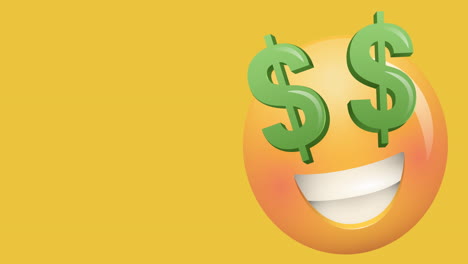 animación de emoji sonrientes con símbolos verdes de dólares estadounidenses en fondo amarillo