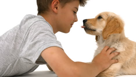 happy boy with his puppy