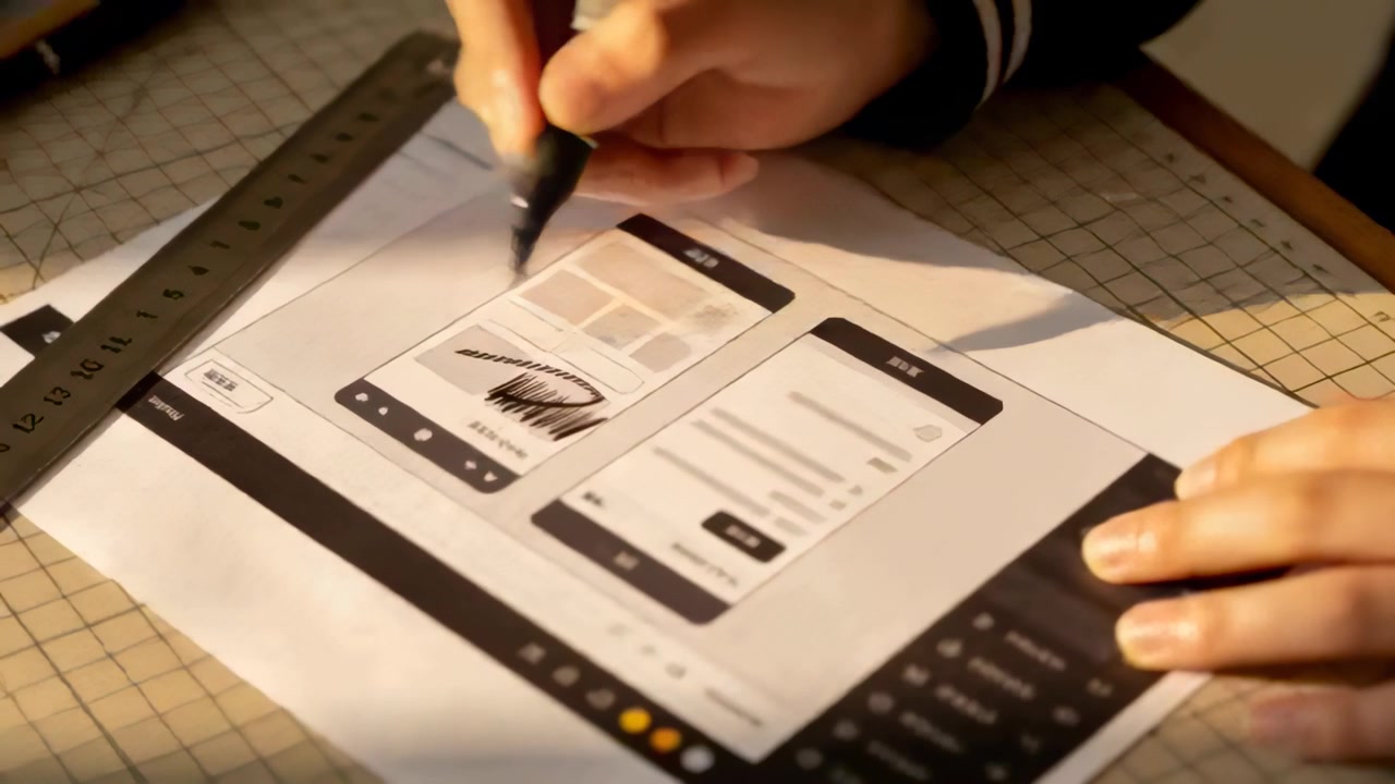 Placing marker, designer's dark cuff sleeve shading left UI, circling right form on desk annotating