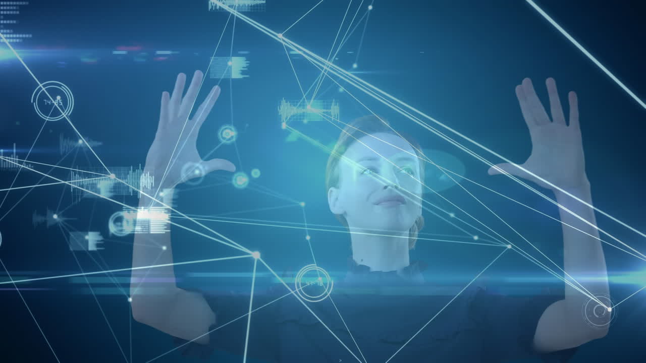 animación de una mujer caucásica usando una pantalla interactiva en 3d sobre una red de conexiones y texto