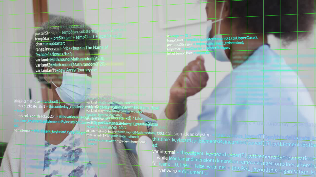 Animation of data processing over biracial female doctor taking pressure of patient