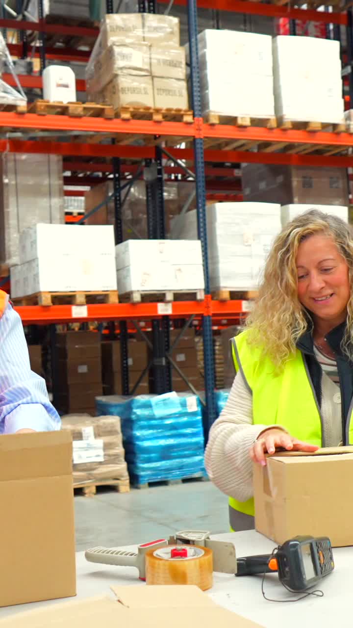 Warehouse workers packaging boxes