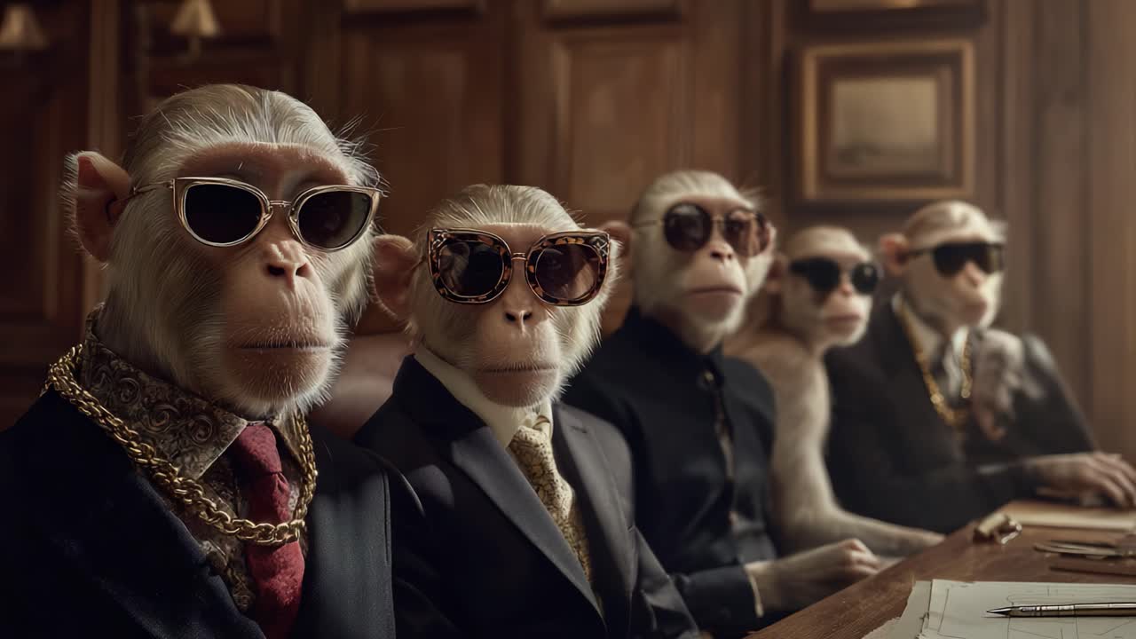 A Unique Courtroom Scene Featuring Stylish Monkeys in Suits and Sunglasses, Creating a Humorous Yet Intriguing Atmosphere of Judgement and Decision Making
