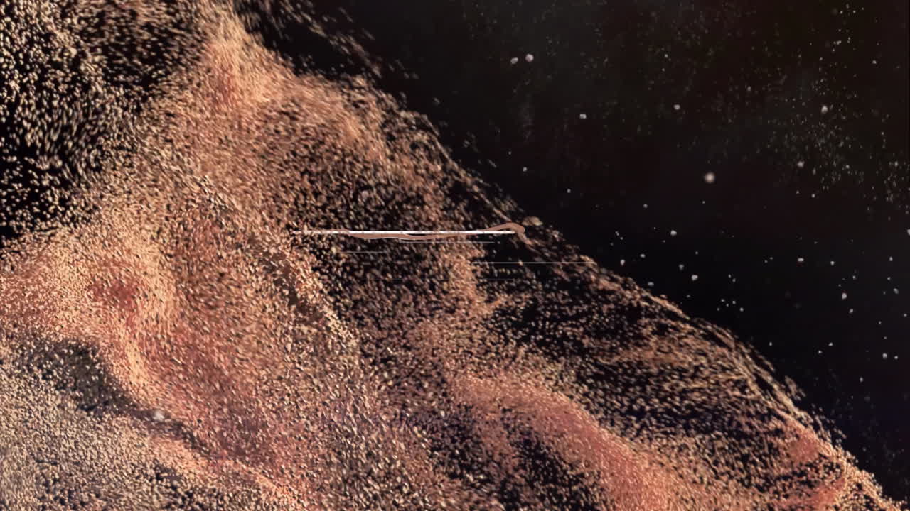 Forming abstract waves, particles in digital animation over dark background