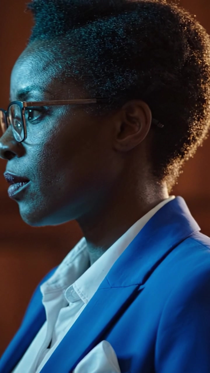 Close-Up Shot of a Person Wearing Glasses in a Blue Suit, Capturing Profile with Dramatic Lighting and Textured Hair, Emphasizing Expression and Mood