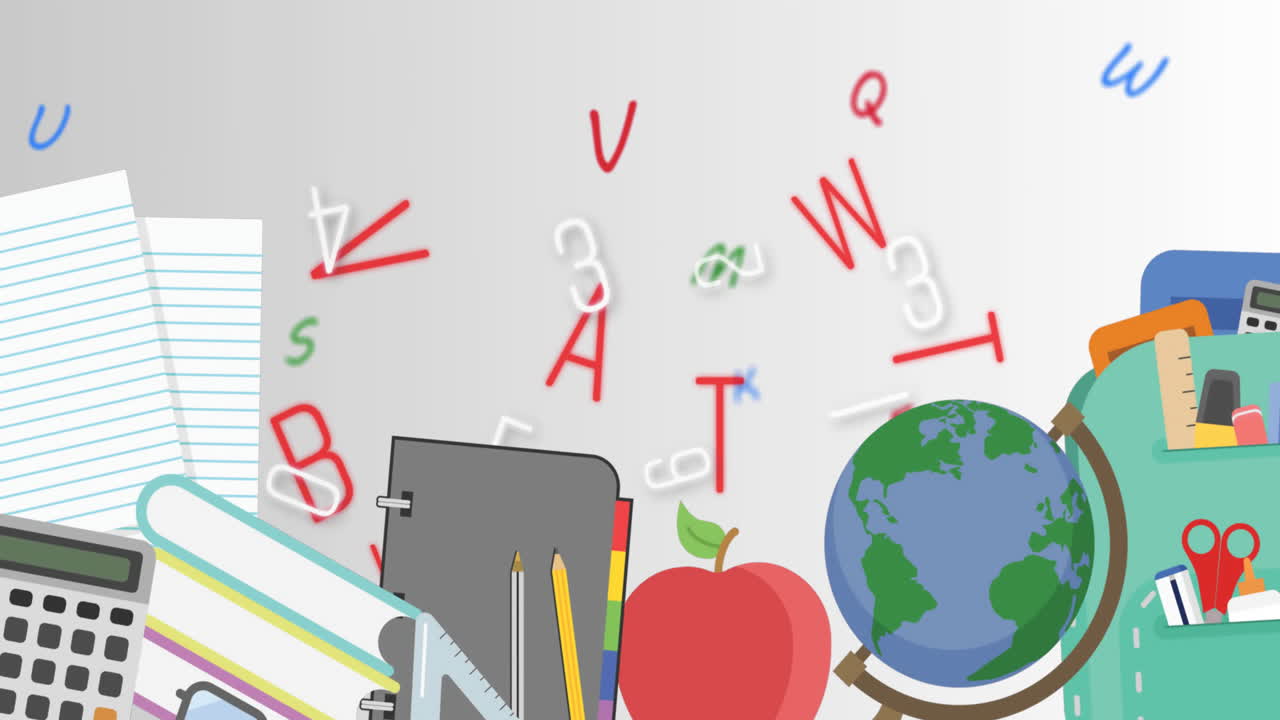 animación digital de iconos de conceptos escolares que se mueven contra múltiples números y alfabetos cambiantes