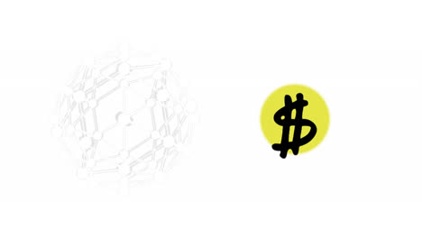 animación de la red esférica giratoria y el signo de dólar en círculo amarillo, en blanco