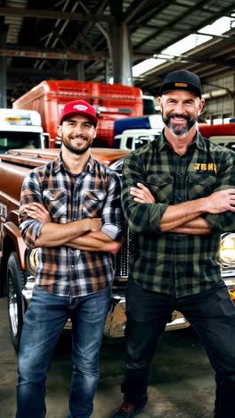 hardworking truckers taking a moment by their vehicle.
