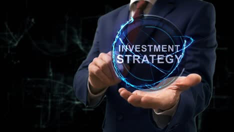 businessman shows concept hologram investment strategy