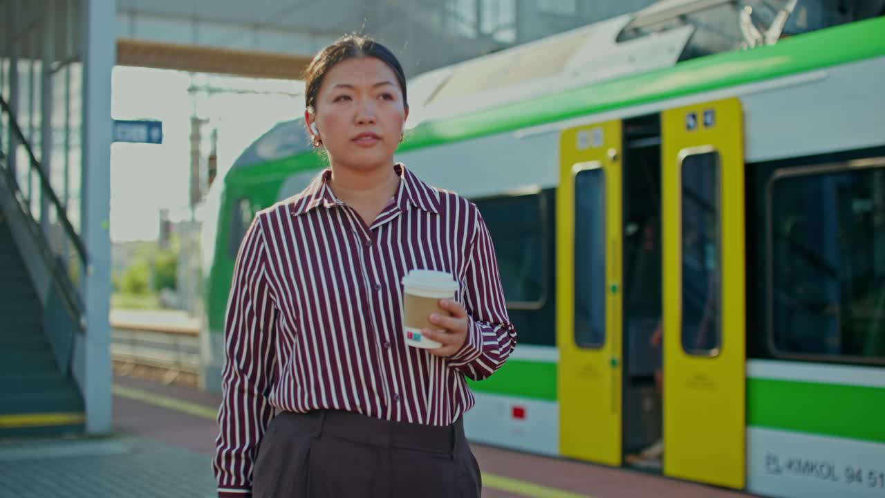 Donna con bagagli alla stazione ferroviaria