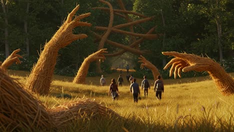 exploring a mysterious landscape with giant straw hand structures as a unique backdrop for adventurers in a lush green field surrounded by nature's beauty