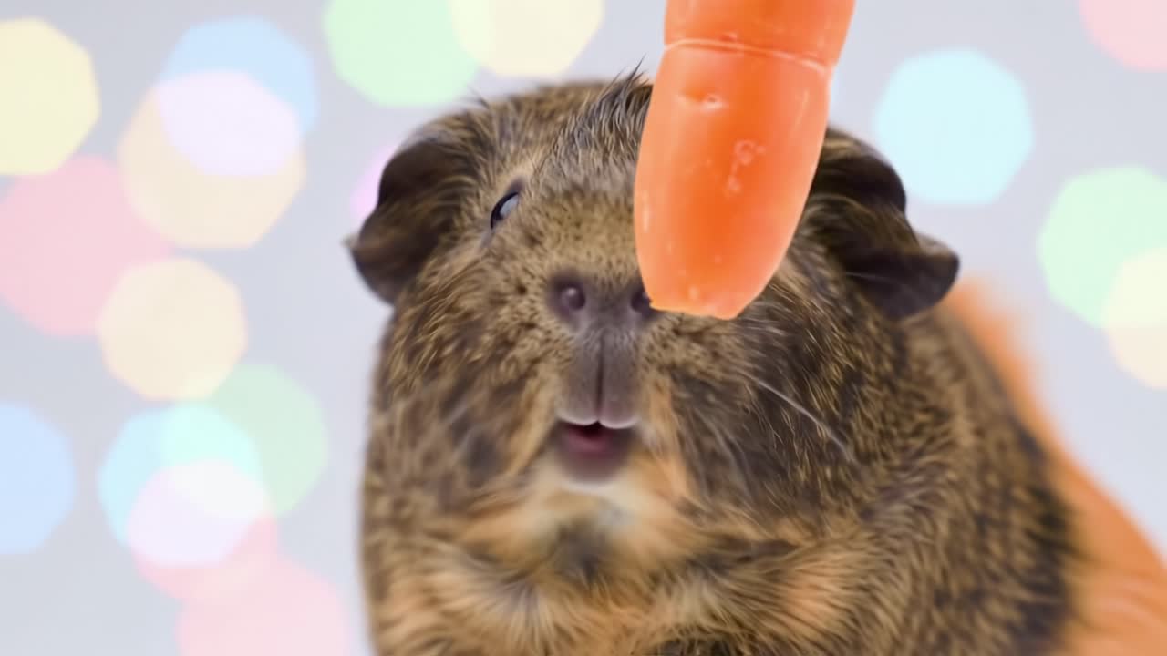 A Cute Guinea Pig Eagerly Reaching for a Bright Orange Carrot Against a Colorful, Softly Lit Background, Capturing Its Adorable Expressions and Curiosity