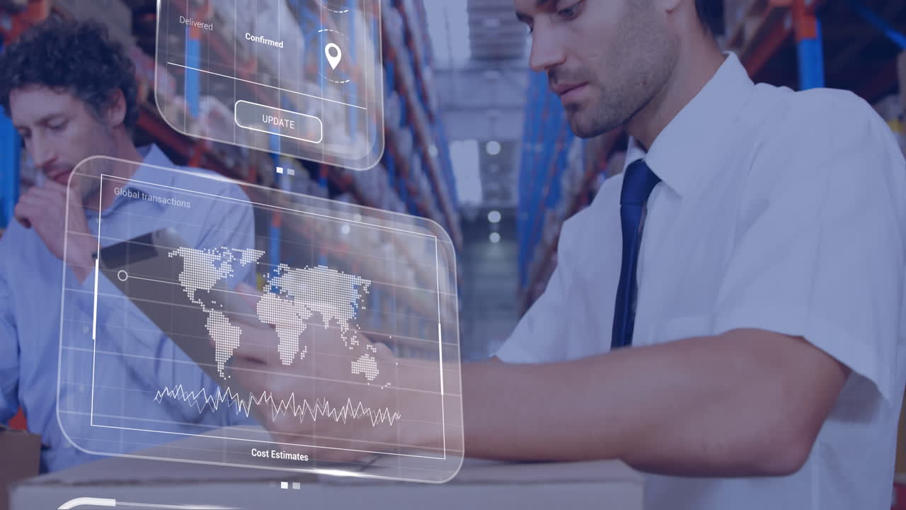 animación de procesamiento de datos en pantallas sobre hombres caucásicos que trabajan en el almacén