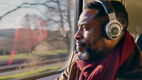 a man wearing headphones is sitting on a train