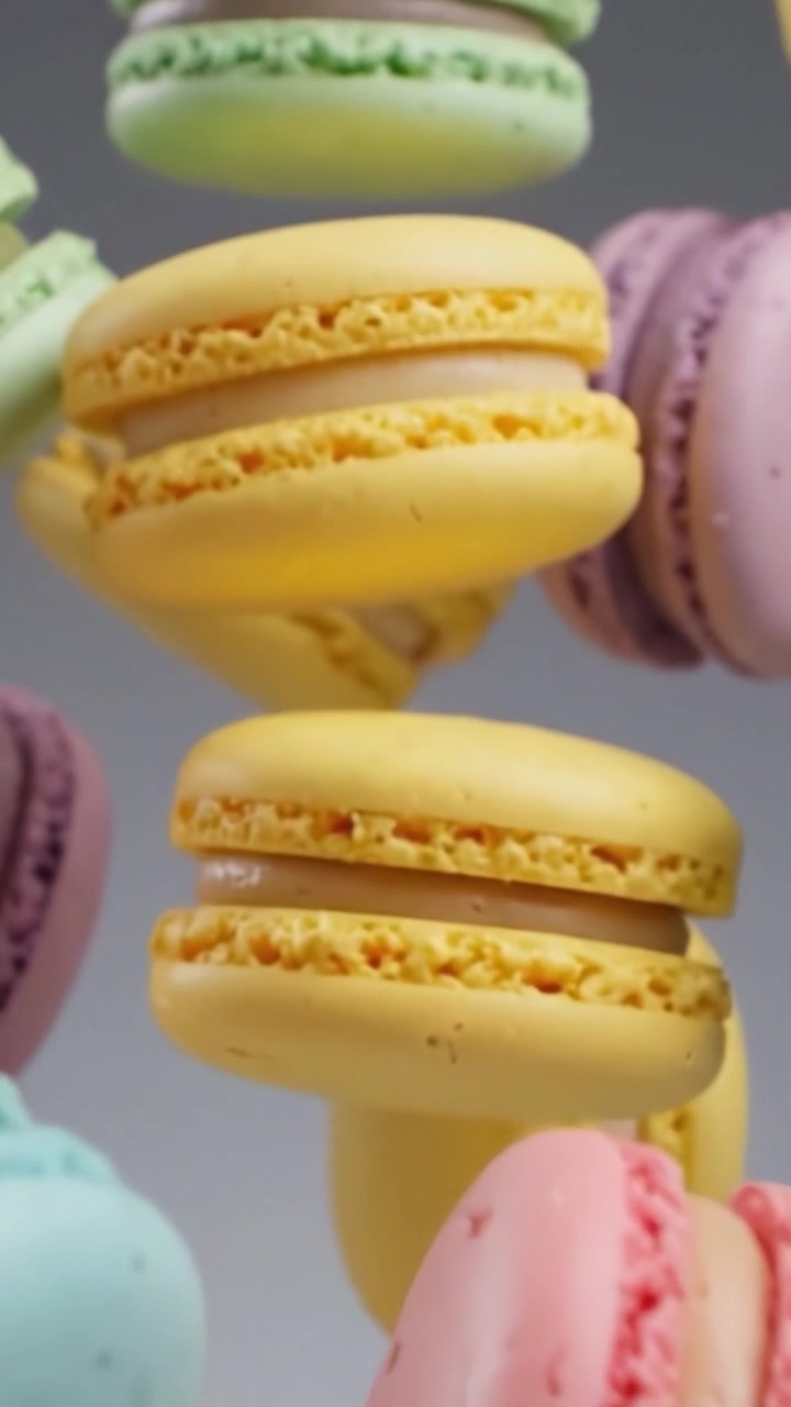 A Colorful Array of Delicate Macarons Floating Elegantly Against a Soft Gray Background, Highlighting Their Intricate Textures and Vibrant Colors