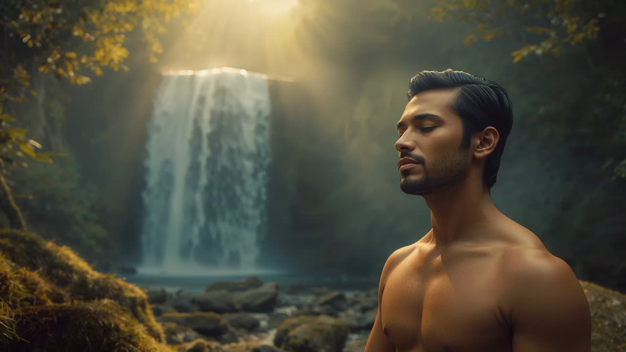 Sunbeams drawing gaze, standing shirtless man turning head to waterfall at mossy bank, copy space