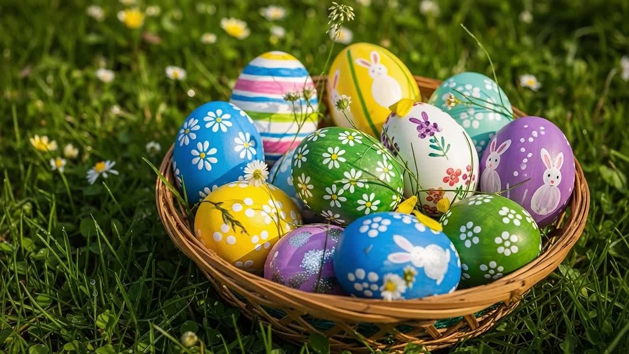 A Vibrant Basket of Hand-Painted Easter Eggs Displayed on Fresh Green Grass Surrounded by Wildflowers, Celebrating the Joyous Spirit of Springtime Festivities