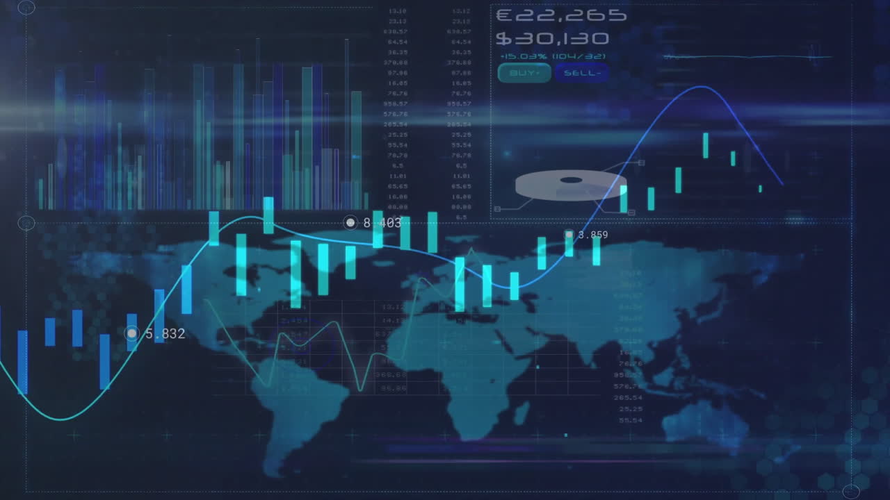 animation of financial data processing over world map on dark ...