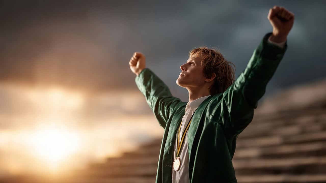 A Young Athlete Celebrates Victory with Outstretched Arms Against a Dramatic Sunset, Radiating Joy and Accomplishment in a Moment of Triumph