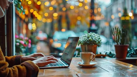 working on a laptop in a cozy cafe with coffee