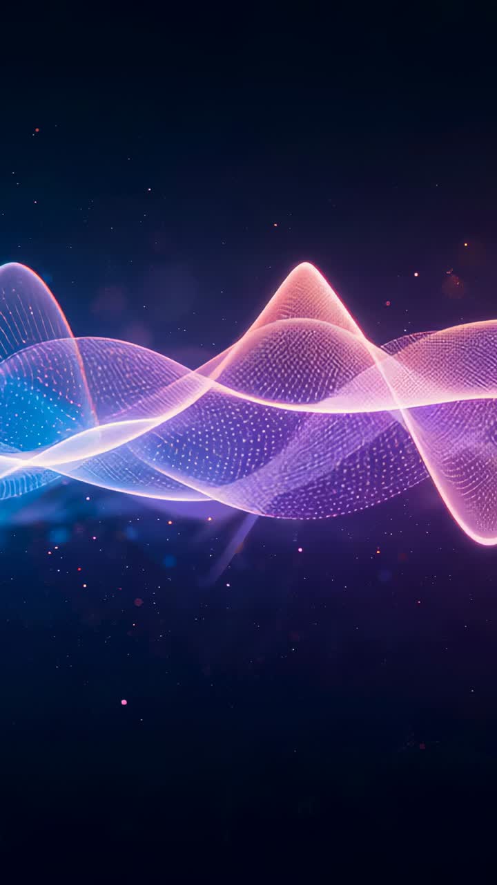 Vertical video: Playback starting glowing waveform ribbons waving in dark void, with specks
