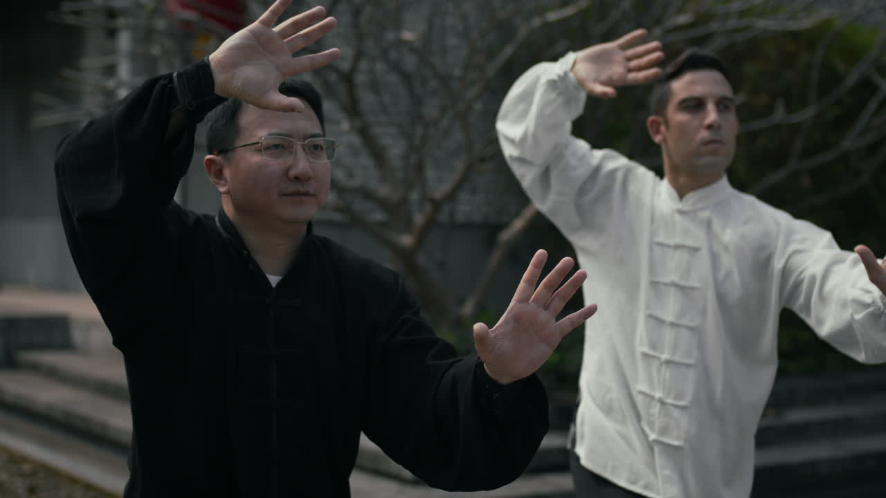 Two men practicing Tai Chi outdoors