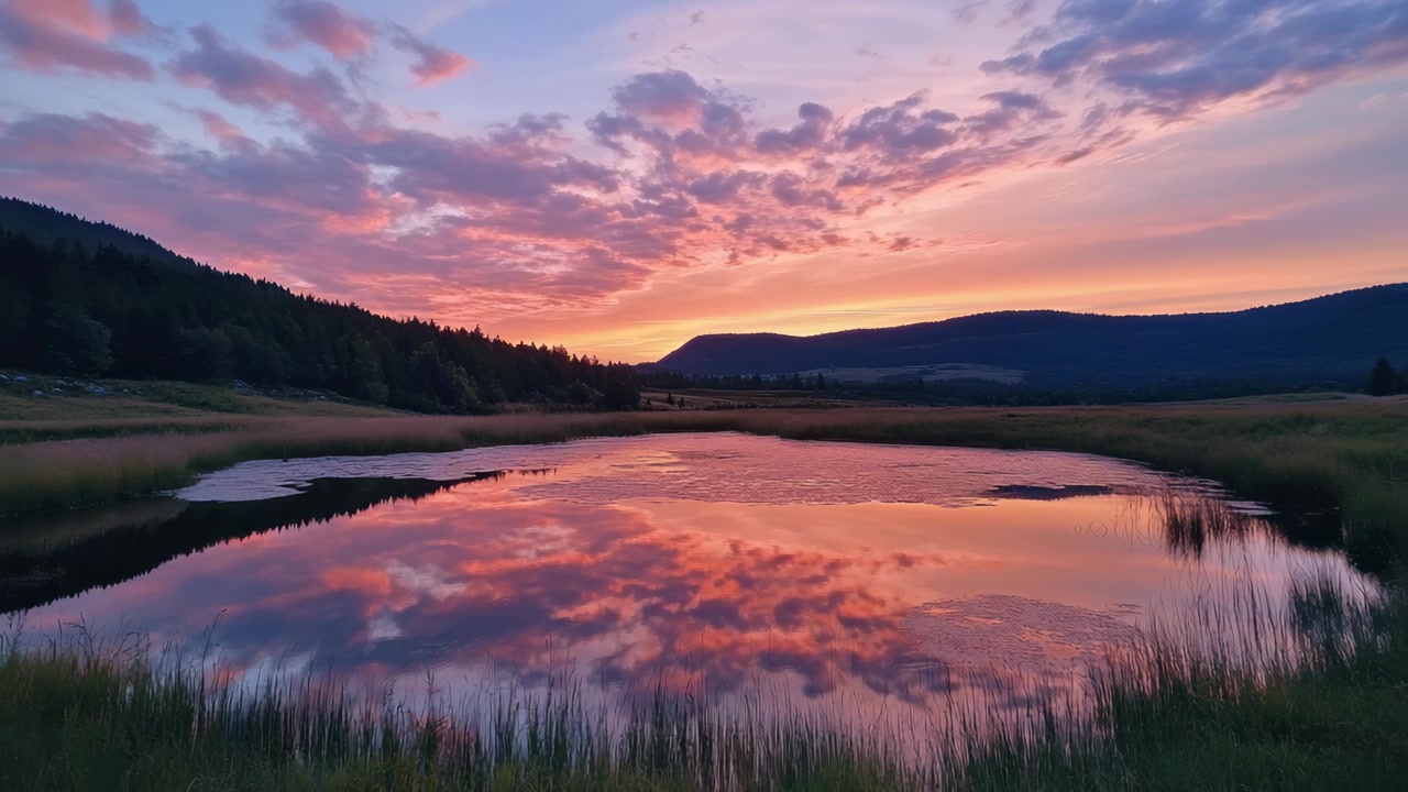 Vibrant Sunset Reflecting on a Calm Mountain Lake