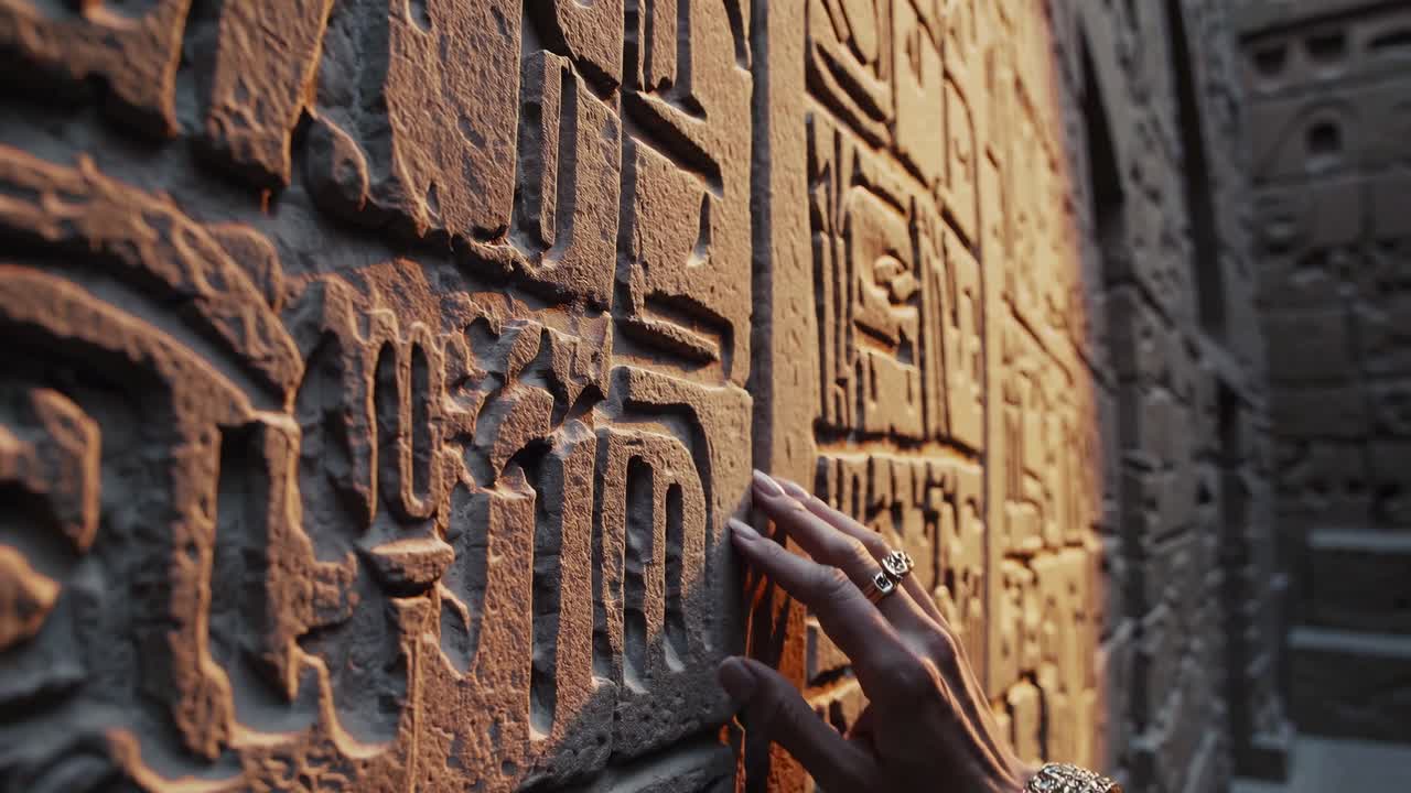 Hand touching Ancient Egyptian Hieroglyphs