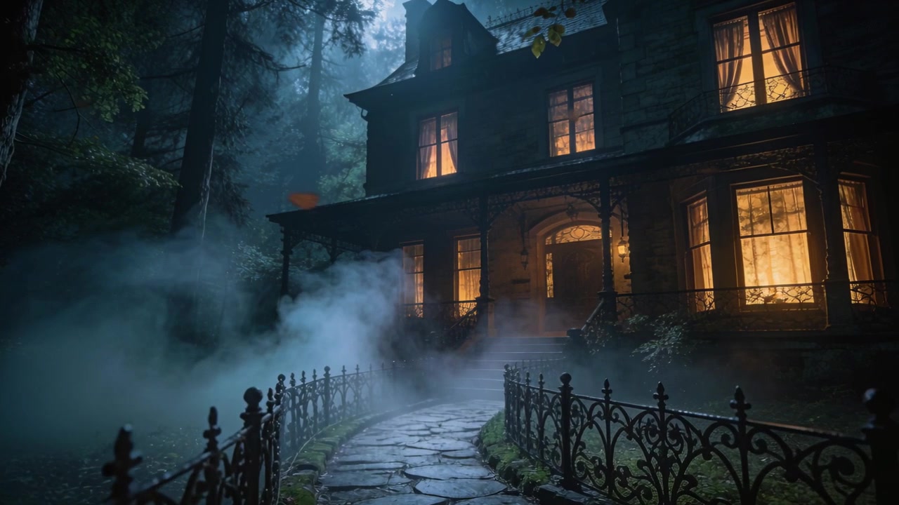 Casa victoriana con sendero de piedra recibiendo niebla envolvente por la noche de la brisa fría, con ventanas iluminadas.