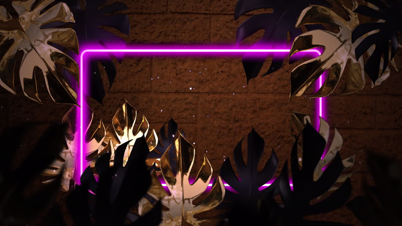 animación del espacio de copia y el marco de neón sobre hojas sobre fondo de ladrillo