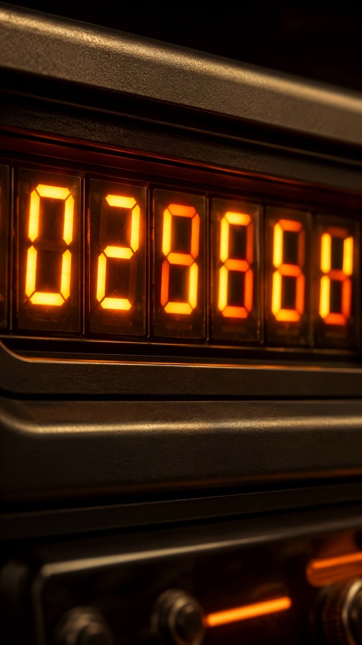Close-up motion of illuminated amber seven-segment numeric modules updating readout across adjacent panels, with slight segment brightness shifts, warm reflections, shallow focus, and active