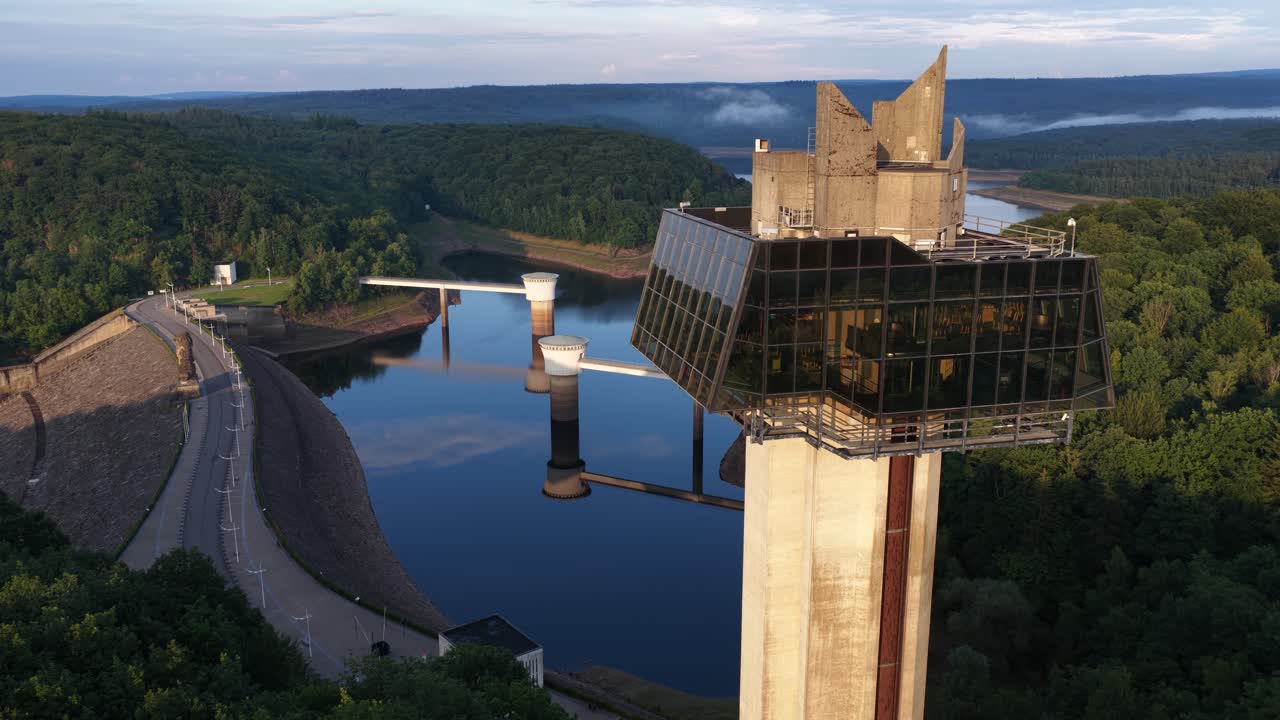 Panoramic tower overlooking Lake Gileppe, ardenne lake. Belgium. Aerial video