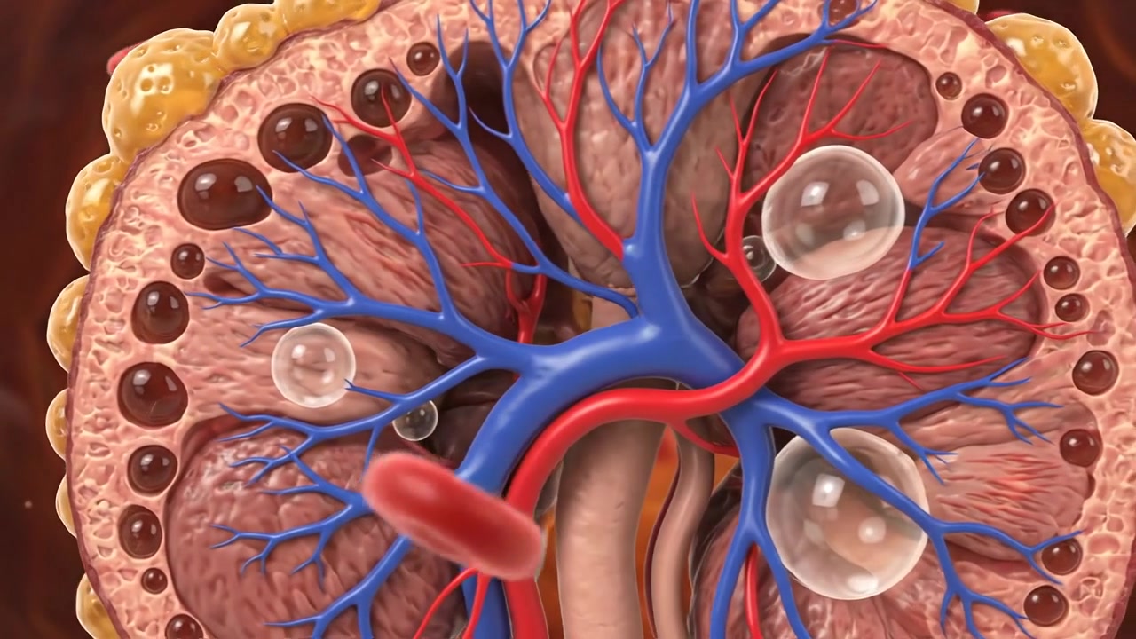 Detailed Cross Section Illustration of Human Kidney Structure with Blood Vessels