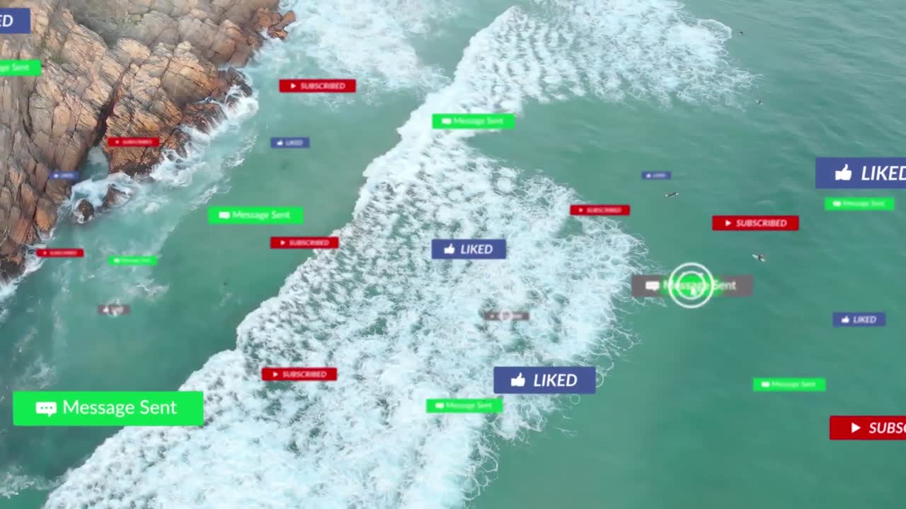 해가 지고 바다 풍경 위의 소셜 미디어 아이콘의 애니메이션