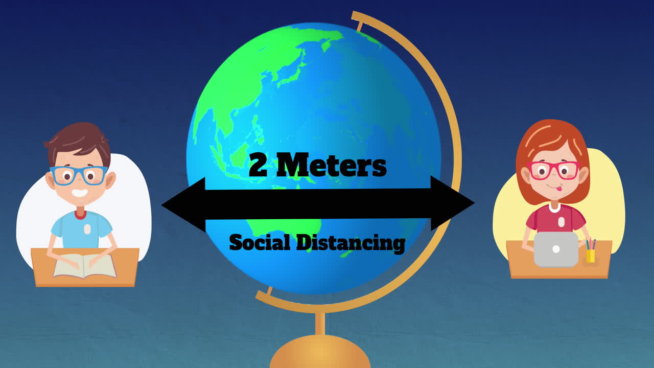 학교 소년과 학교 소녀 아이콘은 회전하는 지구에 대해 2 미터의 사회적 거리를 유지합니다.