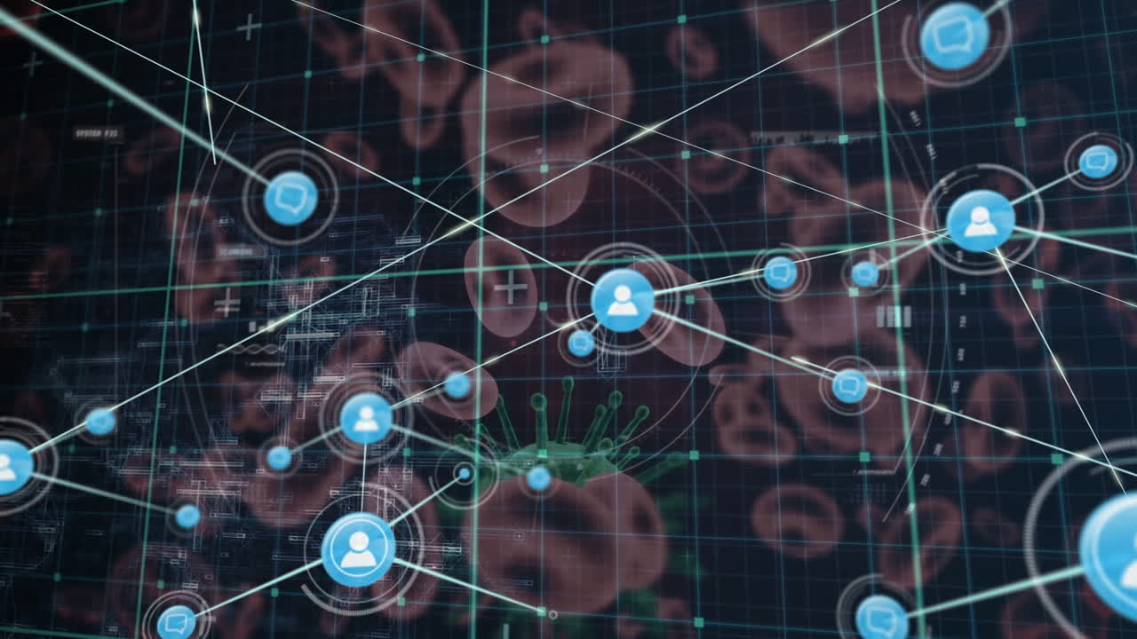 procesamiento de datos y escaneo de alcance sobre células de covid-19 y múltiples vasos sanguíneos en fondo azul