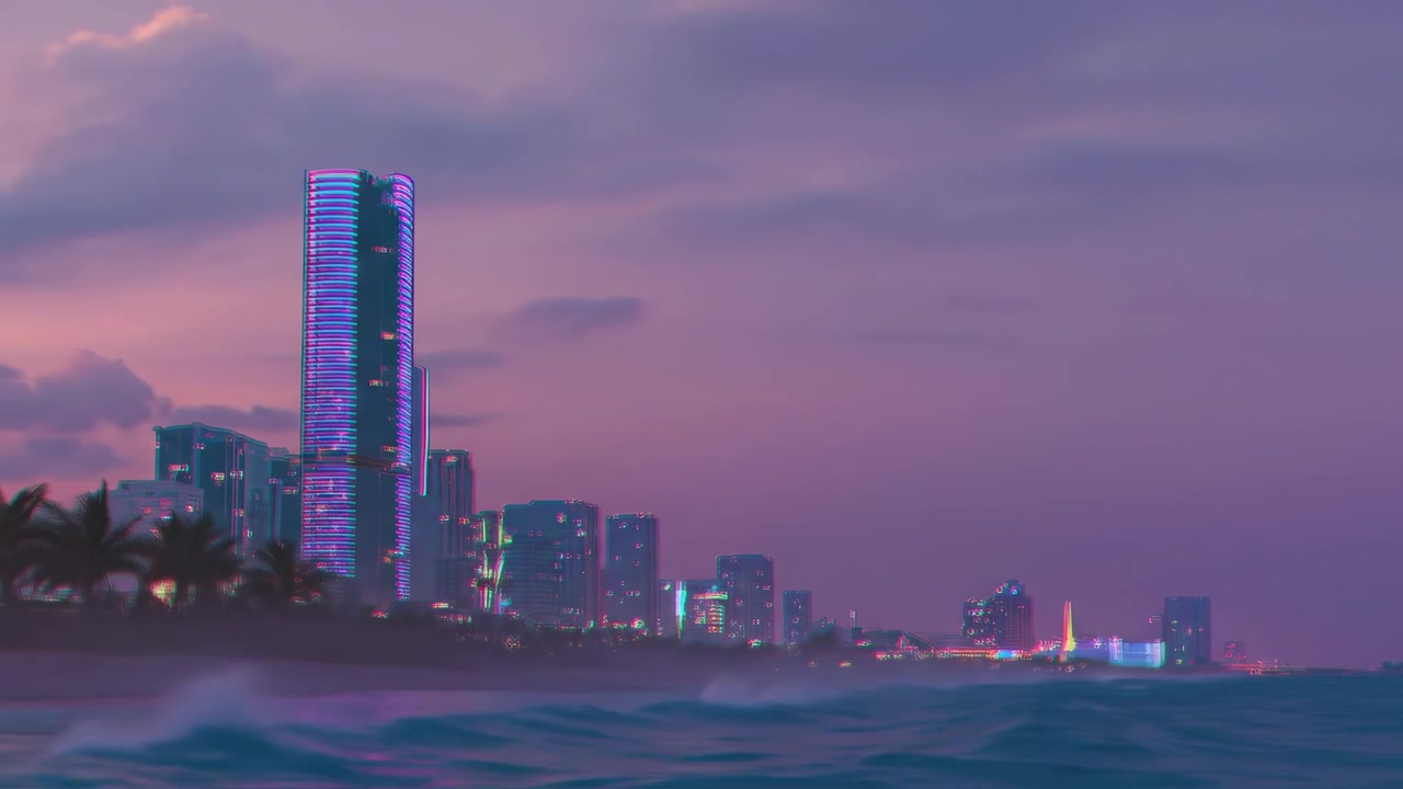 Arranha-céu Iluminado com Vista para o Oceano ao Crepúsculo