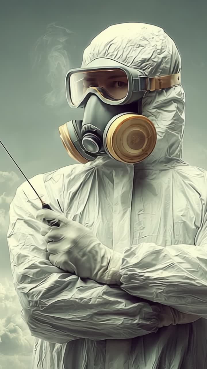 Una Figura Misteriosa in Equipaggiamento Protettivo: L'Intrigante Presenza di una Tuta Hazmat e una Maschera Antigas Contro un Cielo Coperto