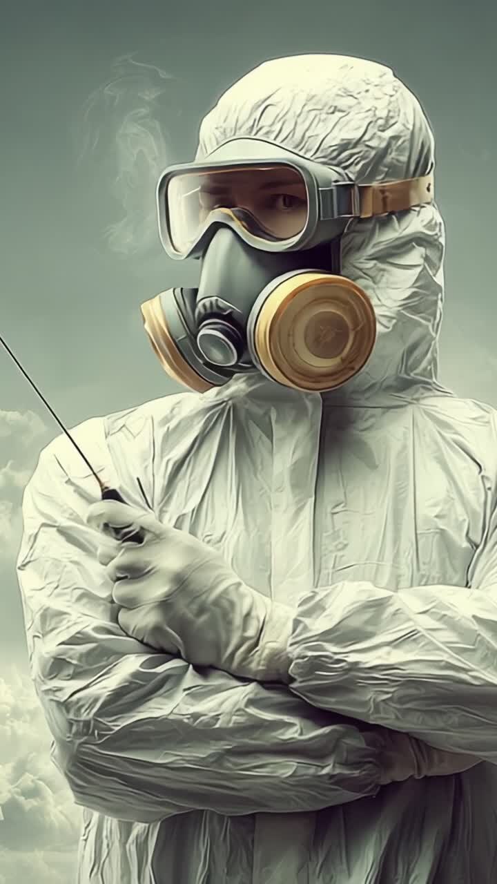 A Mysterious Figure in Protective Gear: The Intriguing Presence of a Hazmat Suit and Gas Mask Against an Overcast Sky