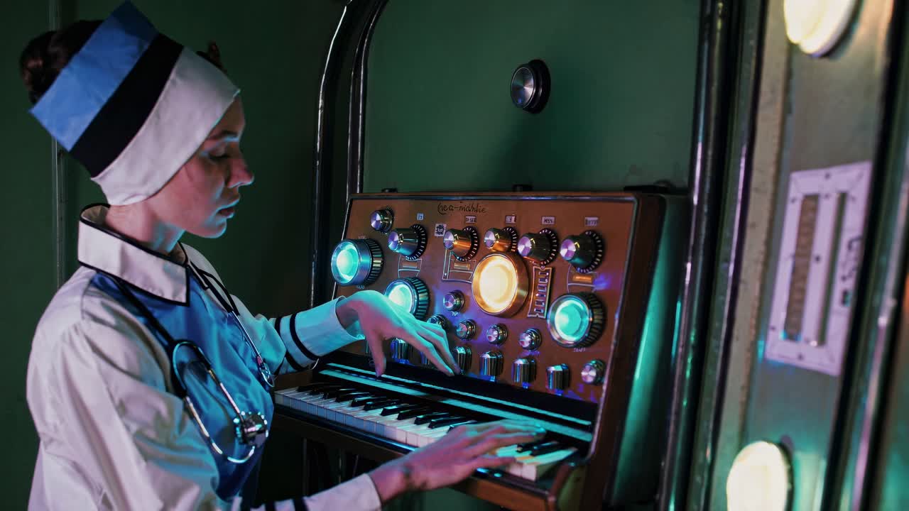 미래의 의학적 합성기를 연주하는 간호사