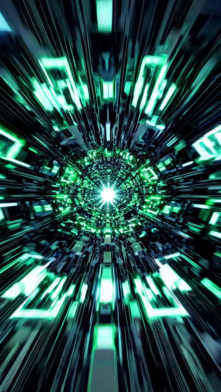 Digital data streaming through luminescent green tunnel, representing high speed communication flow within technological network infrastructure