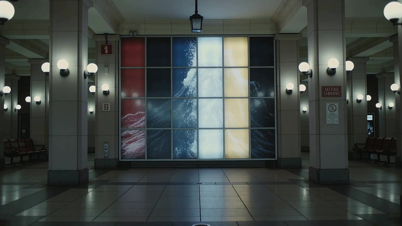 Ricezione di un aggiornamento, una parete con pannelli LED mostra un'onda in ascesa attraverso l'atrio della stazione, con riflessi sul pavimento