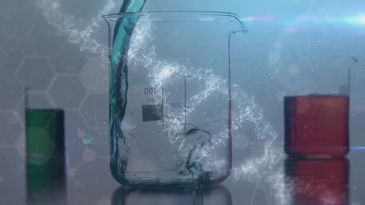유리 컵에 화학 물질을  ⁇ 는 것 위에서 박동하는 원과 dna 구조의 애니메이션