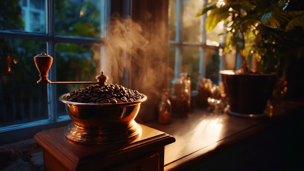 Morning Ritual: A Vintage Coffee Grinder Amidst Sunlit Serenity with Aroma Rising from Fresh Coffee Beans Illuminated by Soft Sunlight
