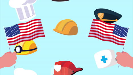 feliz celebración del día del trabajo con banderas de estados unidos y sombreros de trabajadores