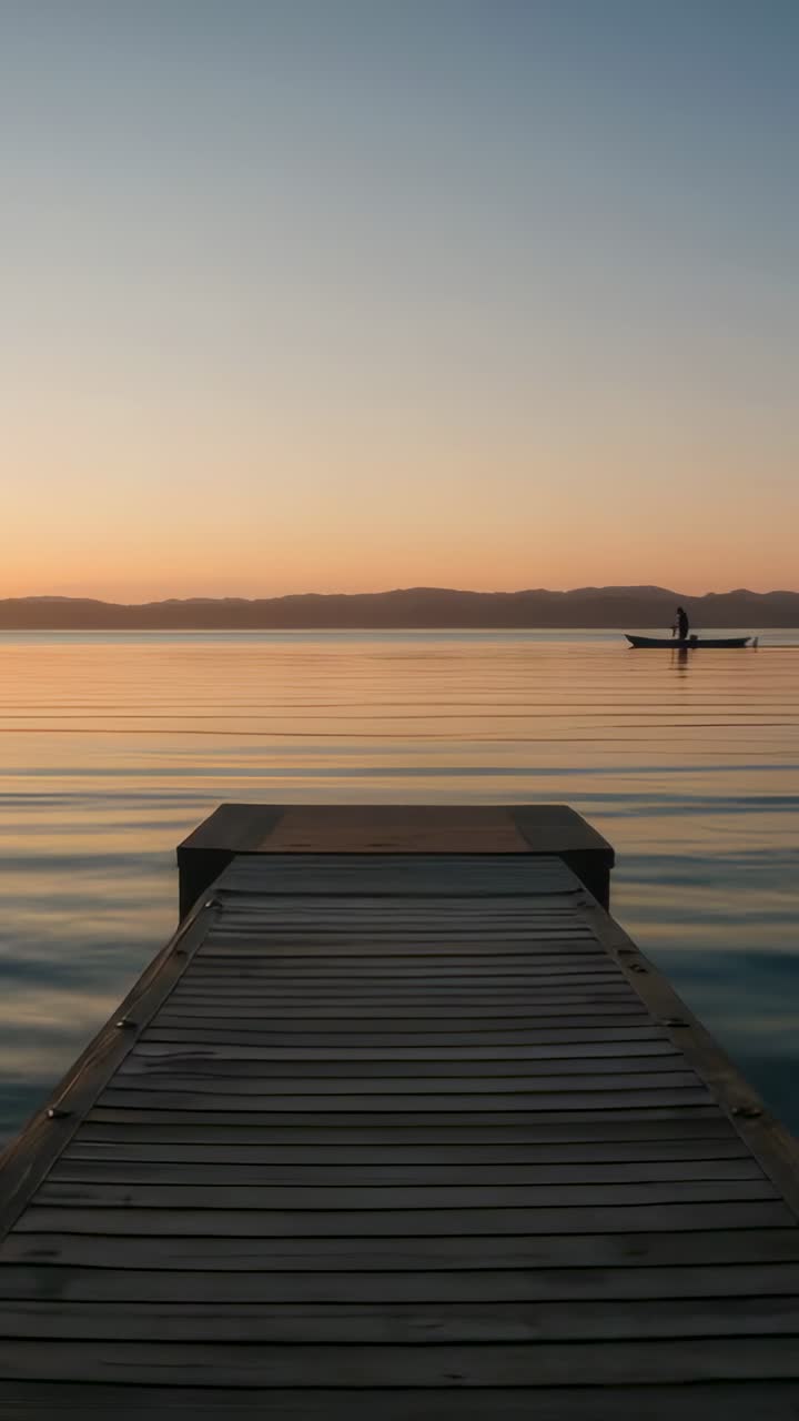 Video verticale: rematore che entra da destra e rema oltre il molo sul lago al tramonto per svago, con spazio per il testo.
