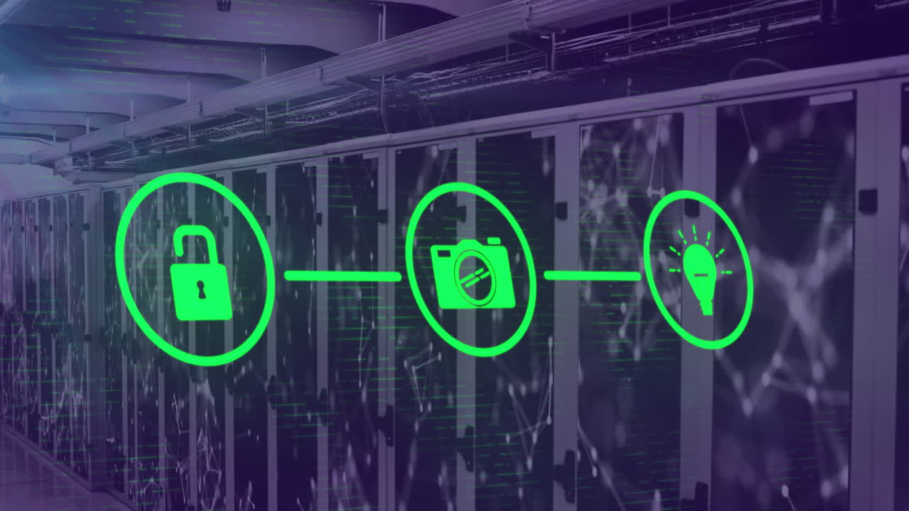 Animation of media icons over server room